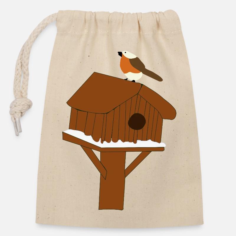 Nichoir à oiseaux sur le sol enneigé - Sac cadeau en coton avec cordon (14 x 20 cm) - nature
