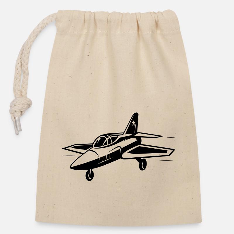 Avion de chasse - Sac cadeau en coton avec cordon (14 x 20 cm) - nature
