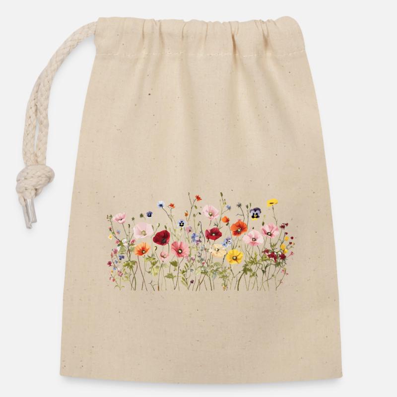 Prairie de fleurs sauvages - Fleurs naturelles à l’aquarelle - Sac cadeau en coton avec cordon (14 x 20 cm) - nature