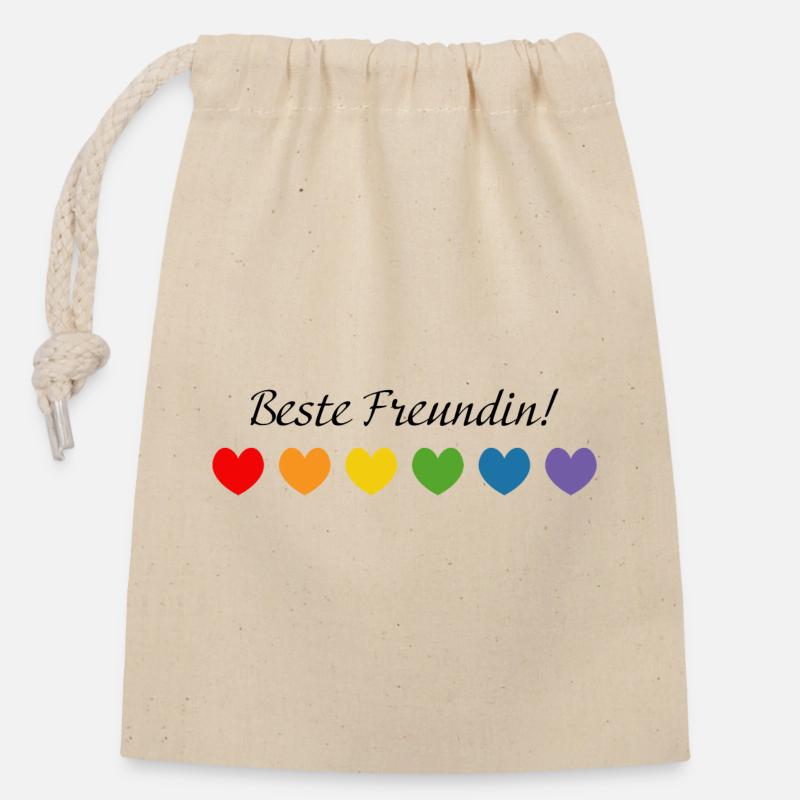 Regenbogenherzchen Beste Freundin - Verschließbarer Geschenkbeutel aus Baumwolle (14x20cm) - Natur