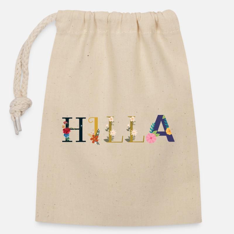 HILLA name decorated with flowers - Closable cotton gift bag (14x20cm) - nature
