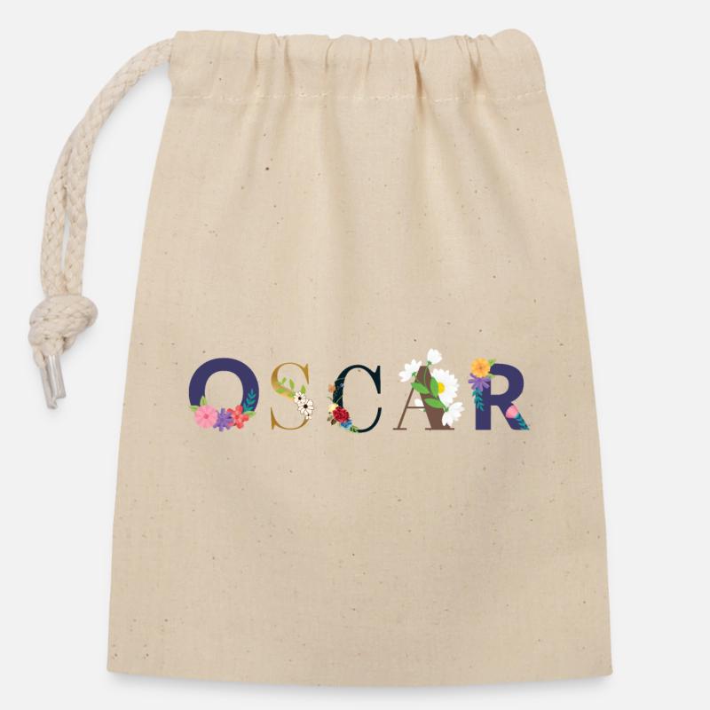 Le nom d’OSCAR décoré de fleurs - Sac cadeau en coton avec cordon (14 x 20 cm) - nature