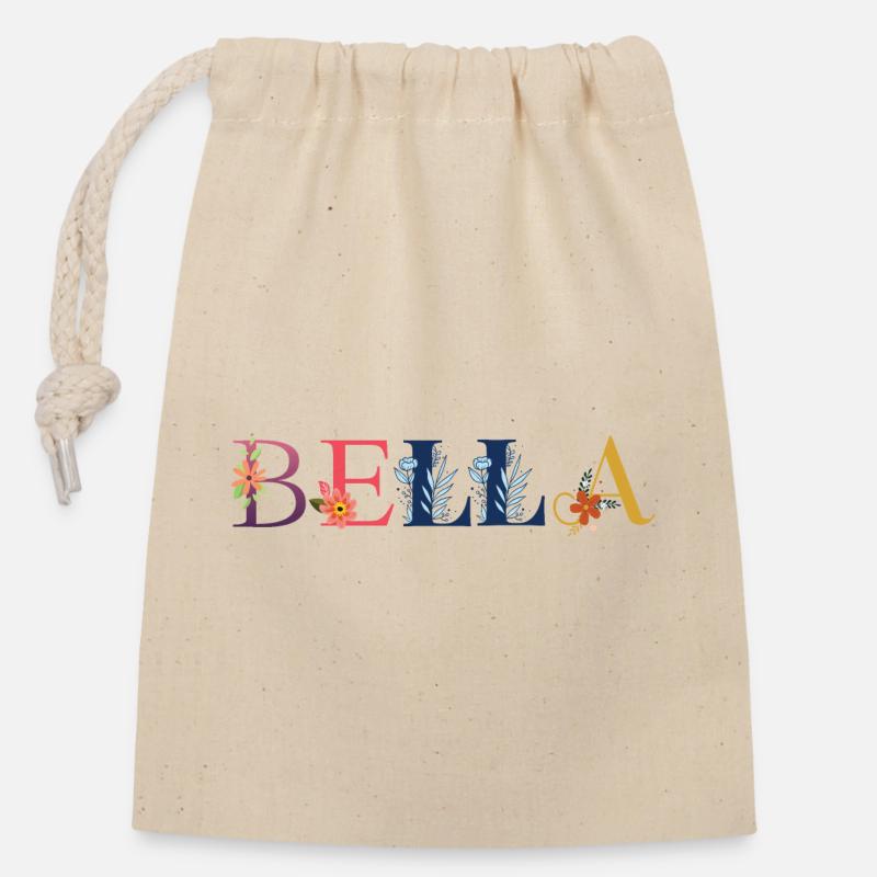 Le nom BELLA est décoré de fleurs - Sac cadeau en coton avec cordon (14 x 20 cm) - nature