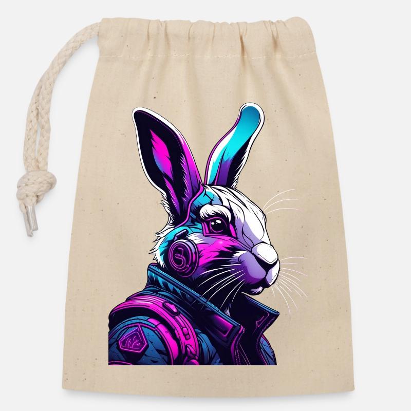 Lapin néon avec casque et look numérique - Sac cadeau en coton avec cordon (14 x 20 cm) - nature