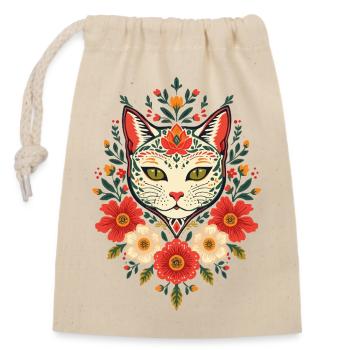Flower cat in folk style - Closable cotton gift bag (14x20cm) - nature - Front