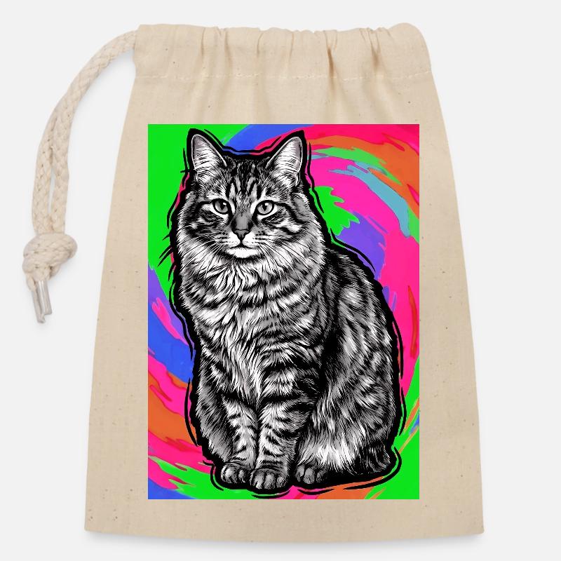 chat - Sac cadeau en coton avec cordon (14 x 20 cm) - nature