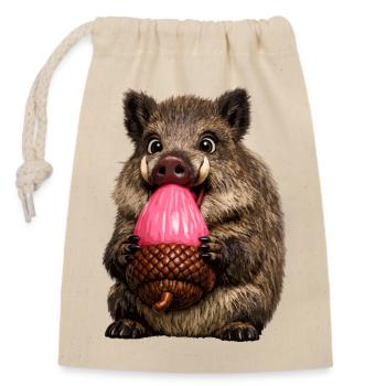Wildschwein mit rosa Eichel - Verschließbarer Geschenkbeutel aus Baumwolle (14x20cm) - Natur - Vorne