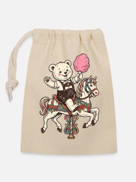 Bayern Teddy Zuckerwatte Karussell - Verschließbarer Geschenkbeutel aus Baumwolle (14x20cm) - Natur