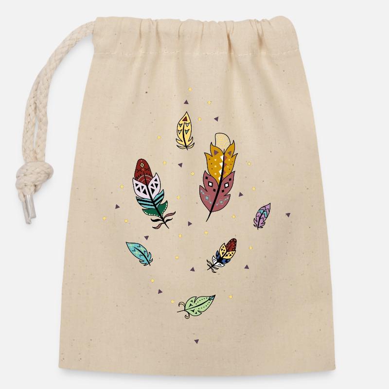 Bunte Federn - Verschließbarer Geschenkbeutel aus Baumwolle (14x20cm) - Natur