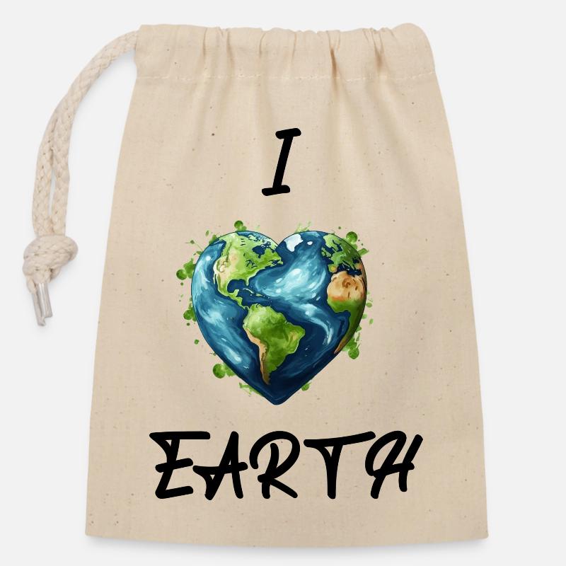 J’aime la Terre - Sac cadeau en coton avec cordon (14 x 20 cm) - nature