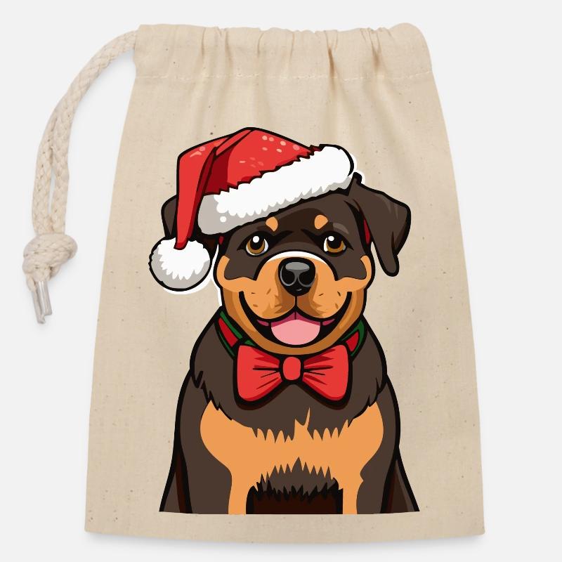 Noël Rottweiler - Sac cadeau en coton avec cordon (14 x 20 cm) - nature