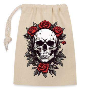 Totenkopf mit roten Rosen - Verschließbarer Geschenkbeutel aus Baumwolle (14x20cm) - Natur - Vorne