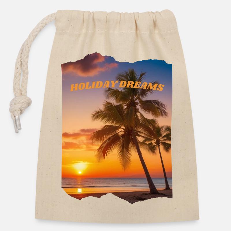 Holiday Dreams - Plage avec coucher de soleil - Sac cadeau en coton avec cordon (14 x 20 cm) - nature