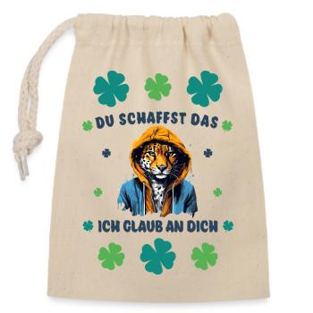 Du schaffst das! Cooler Leopard Glücksbringer - Verschließbarer Geschenkbeutel aus Baumwolle (14x20cm) - Natur - Vorne
