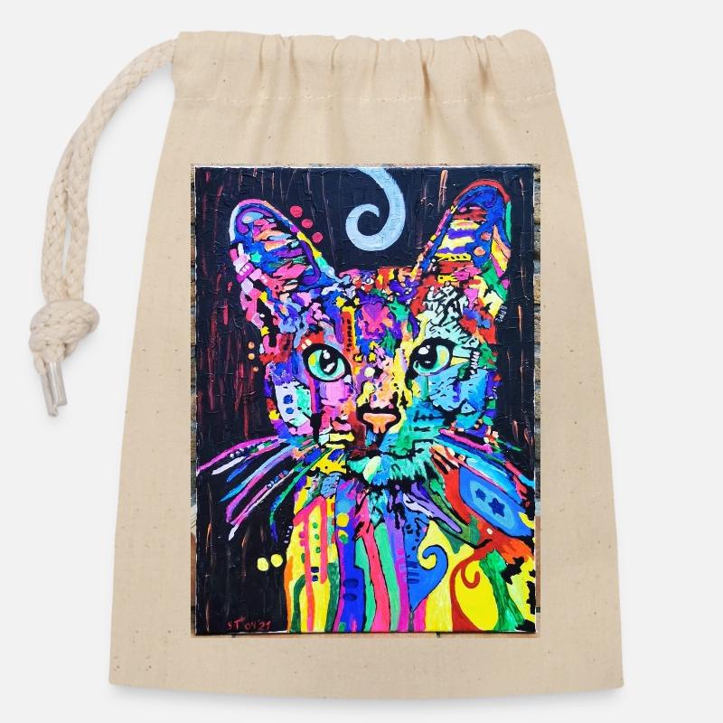 Portrait de chat au design psychédélique Pop Art - Sac cadeau en coton avec cordon (14 x 20 cm) - nature