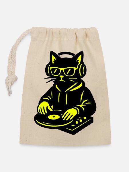 DJ Cat - Verschließbarer Geschenkbeutel aus Baumwolle (14x20cm) - Natur