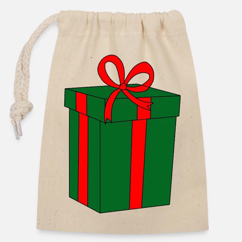 Green gift with red ribbon - Closable cotton gift bag (14x20cm) - nature