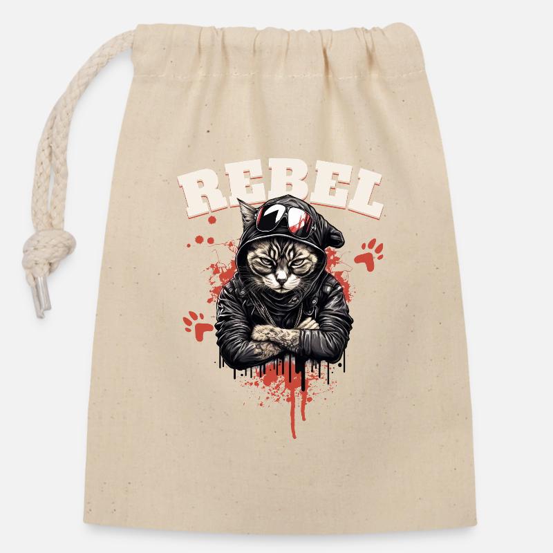 Rebel Cat - Closable cotton gift bag (14x20cm) - nature