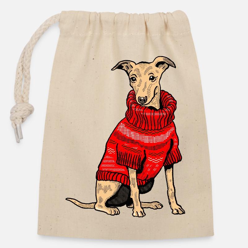 Hund im roten Strickpullover - Verschließbarer Geschenkbeutel aus Baumwolle (14x20cm) - Natur