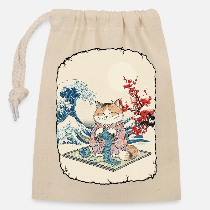 Katze Häkelt Kawai Anime - Verschließbarer Geschenkbeutel aus Baumwolle (14x20cm) - Natur