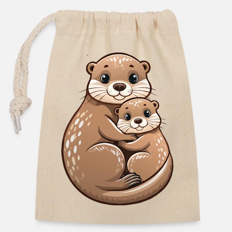 Mère loutre avec un petit - Sac cadeau en coton avec cordon (14 x 20 cm) - nature