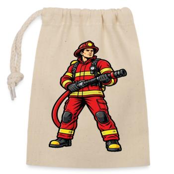 Feuerwehrmann in Aktion dynamisches rotes Outfit - Verschließbarer Geschenkbeutel aus Baumwolle (14x20cm) - Natur - Vorne