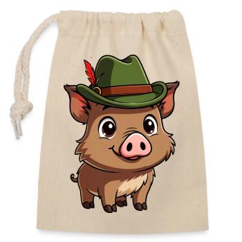 Wildschwein mit grünem Hut - Verschließbarer Geschenkbeutel aus Baumwolle (14x20cm) - Natur - Vorne
