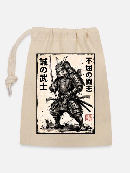 Samurai Bulldogge - Verschließbarer Geschenkbeutel aus Baumwolle (14x20cm) - Natur