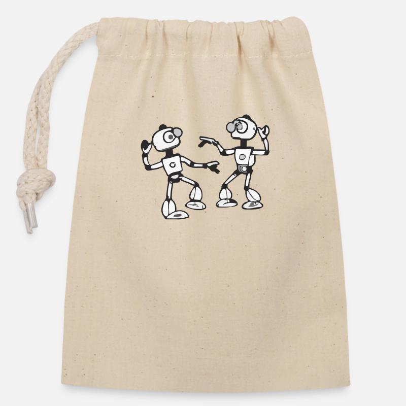 Cute dancing robots - Closable cotton gift bag (14x20cm) - nature