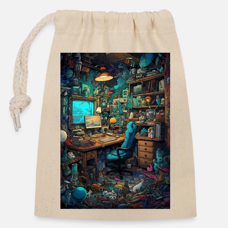 Espace de vie d’un nerd de l’informatique - Sac cadeau en coton avec cordon (14 x 20 cm) - nature