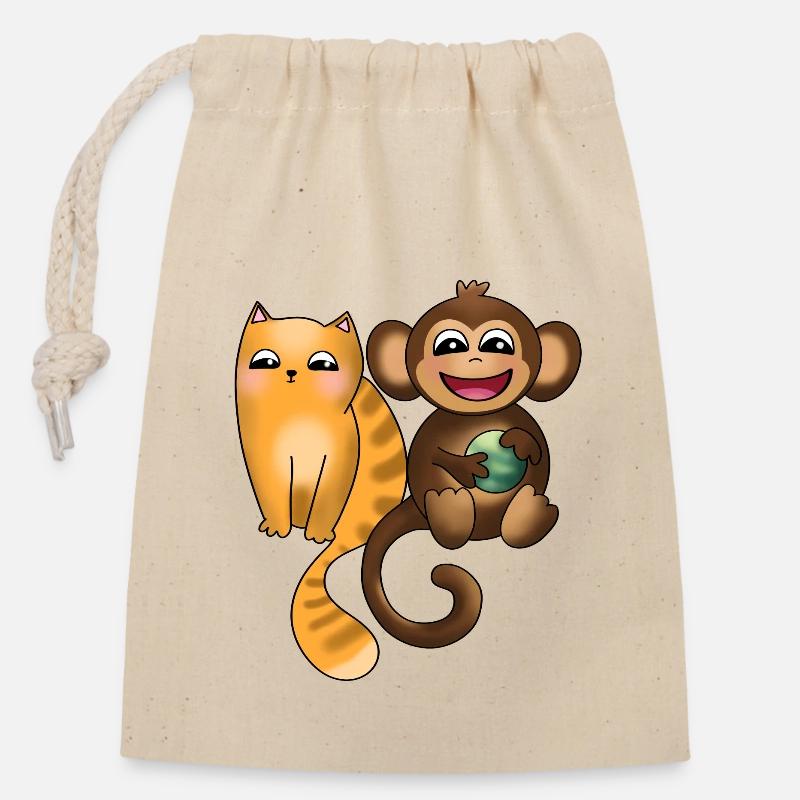 Petit chat et singe grimpeur avec balle - Sac cadeau en coton avec cordon (14 x 20 cm) - nature