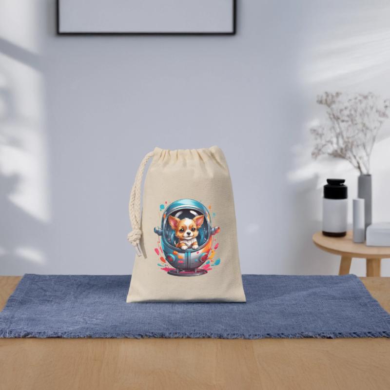 Chiot de l’espace en combinaison spatiale Sac cadeau en coton avec cordon (14 x 20 cm)