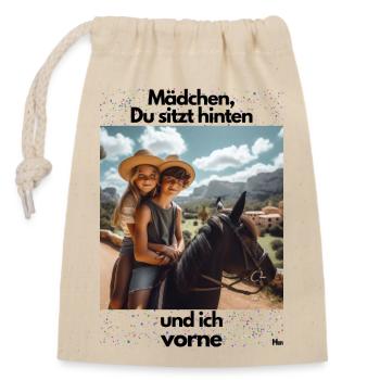 Malle fille sur le cheval Vous vous asseyez à l’arrière - Sac cadeau en coton avec cordon (14 x 20 cm) - nature - Devant