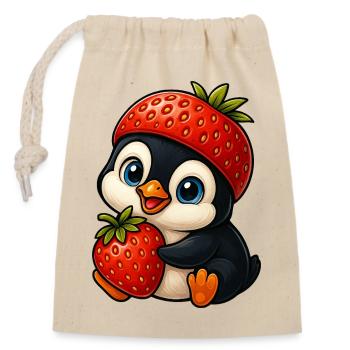 Drôle de pingouin avec fraise dans chapeau fruité - Sac cadeau en coton avec cordon (14 x 20 cm) - nature - Devant