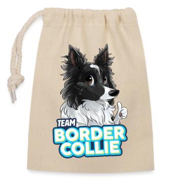 TEAM Border Collie Langhaar - Schwarz Zweifarbig - Verschließbarer Geschenkbeutel aus Baumwolle (14x20cm) - Natur - Vorne