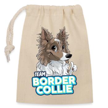 TEAM Border Collie Langhaar - Flieder - Verschließbarer Geschenkbeutel aus Baumwolle (14x20cm) - Natur - Vorne