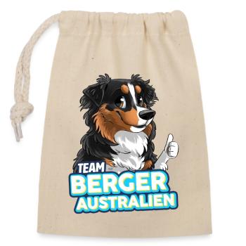 TEAM Australian Shepherd Hund - Schwarz Tricolor - Verschließbarer Geschenkbeutel aus Baumwolle (14x20cm) - Natur - Vorne