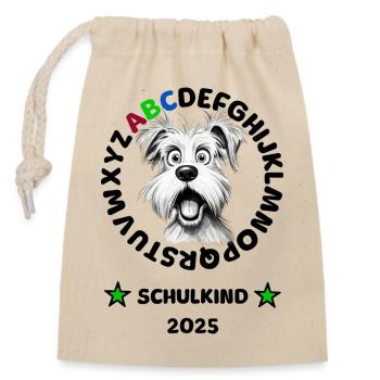 Einschulung Hund Schulkind 2025 Erstklässler - Verschließbarer Geschenkbeutel aus Baumwolle (14x20cm) - Natur - Vorne