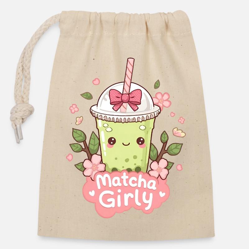 Matcha Latte glacé kawaii aux fleurs de cerisier - Sac cadeau en coton avec cordon (14 x 20 cm) - nature