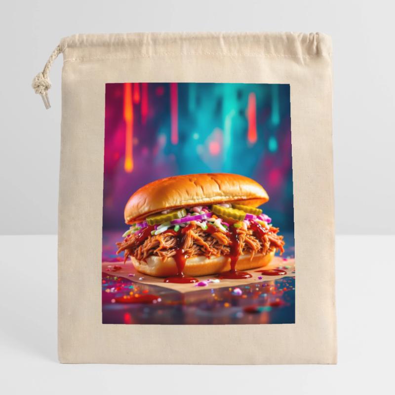 Juicy pulled pork burger surrounded by explosive Closable cotton gift bag (14x20cm)