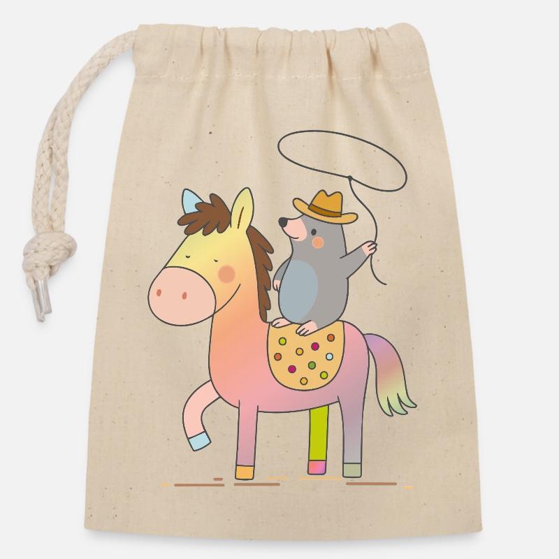 Fröhlicher Maulwurf reitet auf buntem Pferd - Verschließbarer Geschenkbeutel aus Baumwolle (14x20cm) - Natur