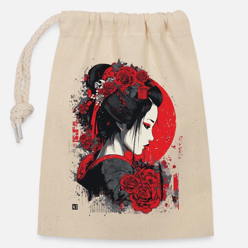 Geisha mit roten Rosen - Verschließbarer Geschenkbeutel aus Baumwolle (14x20cm) - Natur