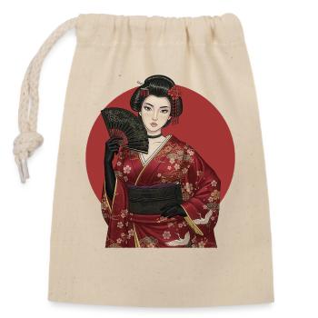 Geisha im roten Kimono mit Fächer - Verschließbarer Geschenkbeutel aus Baumwolle (14x20cm) - Natur - Vorne