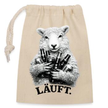 Schaf mit Bierflaschen – Läuft. - Verschließbarer Geschenkbeutel aus Baumwolle (14x20cm) - Natur - Vorne