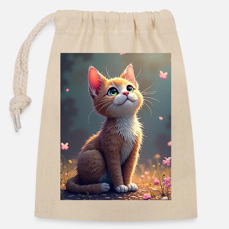 chaton_mignon - Sac cadeau en coton avec cordon (14 x 20 cm) - nature