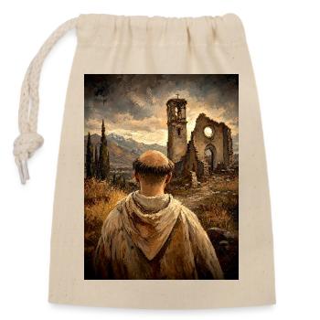 Mönch vor Ruinen bei Sonnenuntergang - Verschließbarer Geschenkbeutel aus Baumwolle (14x20cm) - Natur - Vorne