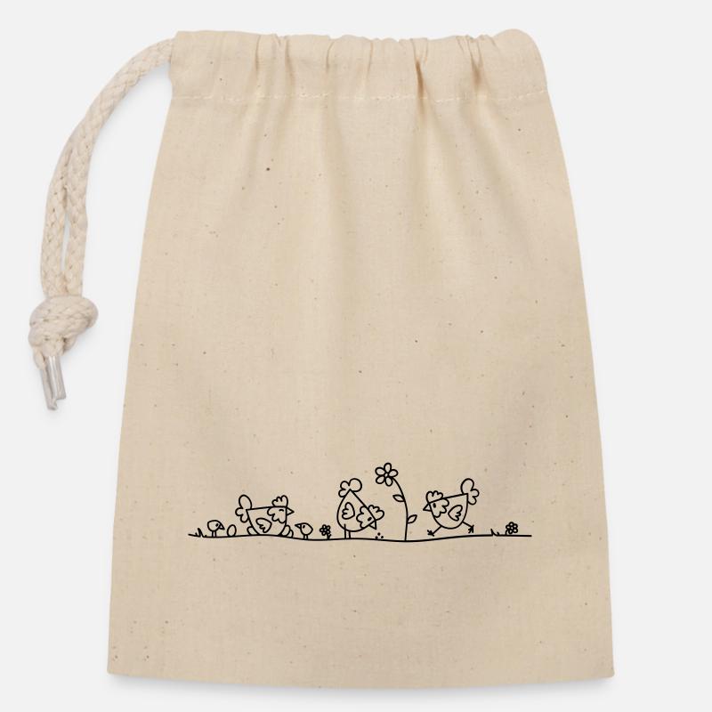 Happy Chickens Line Art - Sac cadeau en coton avec cordon (14 x 20 cm) - nature