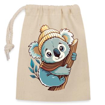 Mignon koala avec écharpe et chapeau à pompon. - Sac cadeau en coton avec cordon (14 x 20 cm) - nature - Devant