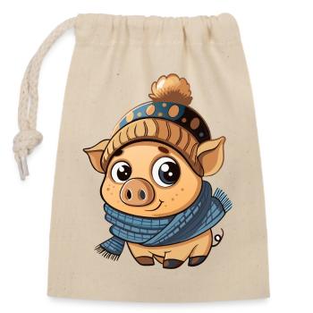 Cute piggy with scarf and bobble hat. - Closable cotton gift bag (14x20cm) - nature - Front