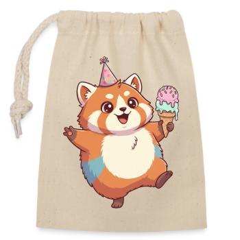 Chaton avec cornet de glace et chapeau de fête - Sac cadeau en coton avec cordon (14 x 20 cm) - nature - Devant